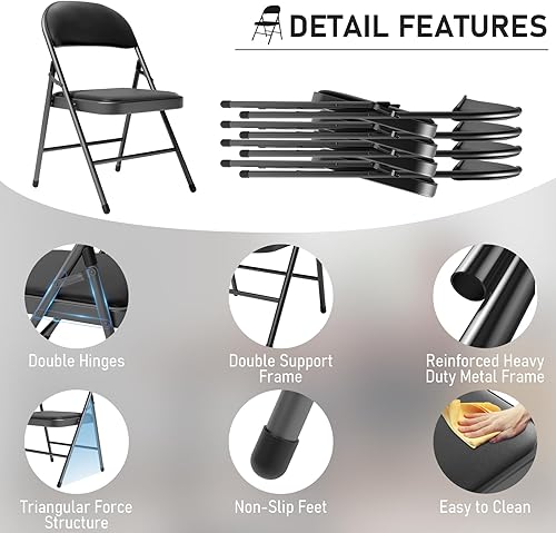 Miniatura 5 de Paquete de 4 sillas plegables negras con cojín acolchado y respaldo para exteriores, sillas plegables comerciales apilables portátiles con marco de