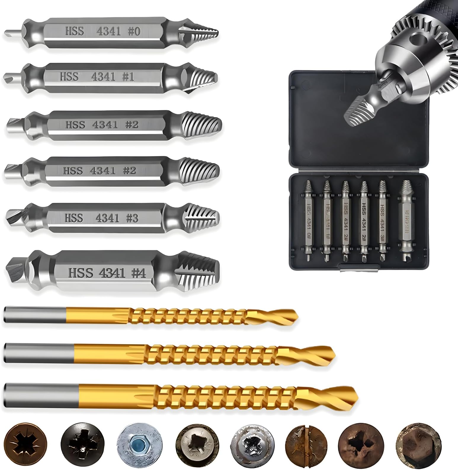 9 PCS Damaged Screw Extractor Set, 6 PCS Screw Extractor Remover Kit and 3 Twist Drill Bit Kit, Bolt Extractors Sets General Bit Sets Double Ended for Damaged Broken Stripped Screws