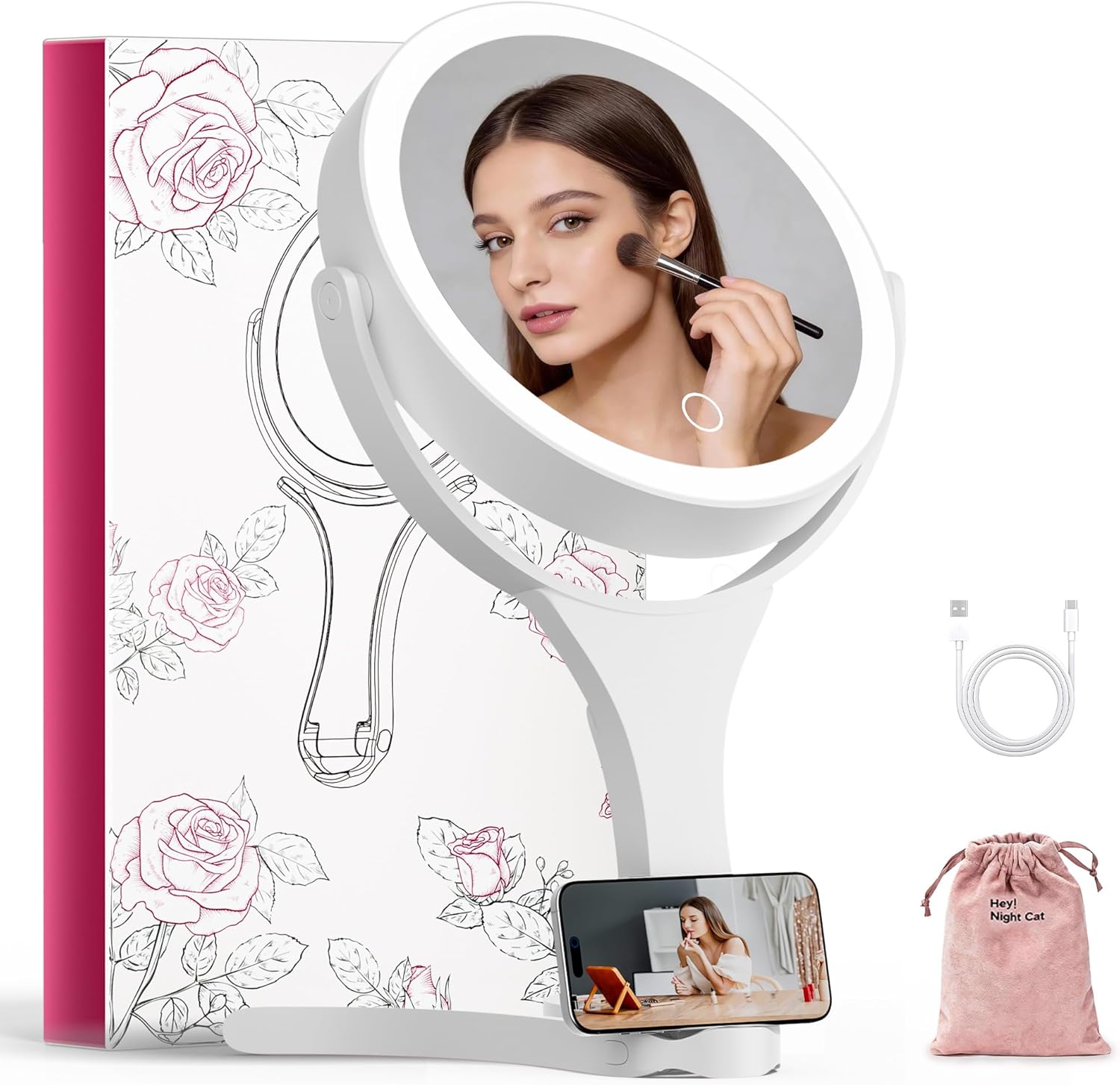 Espejo de Maquillaje Portátil Hasipu con Luz, 360° Rotativo y 1X/10X Aumento