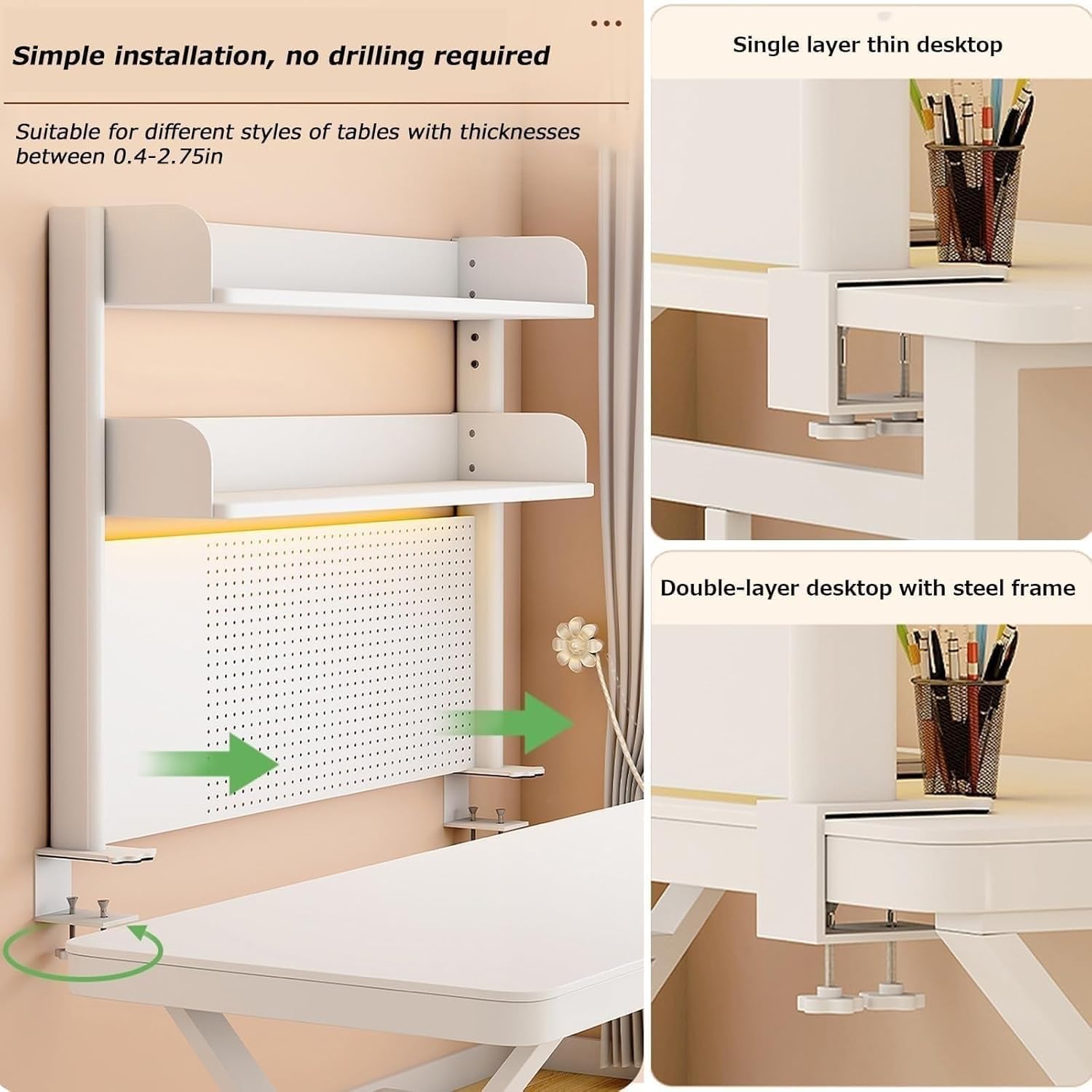 Schreibtisch-Organizer zum Klemmen, 2-stöckiges Aufbewahrungsregal mit Stecktafel, kein Bohren, Karbonstahl, Zubehör für Gaming und Heimbüro, platzsparendes Design