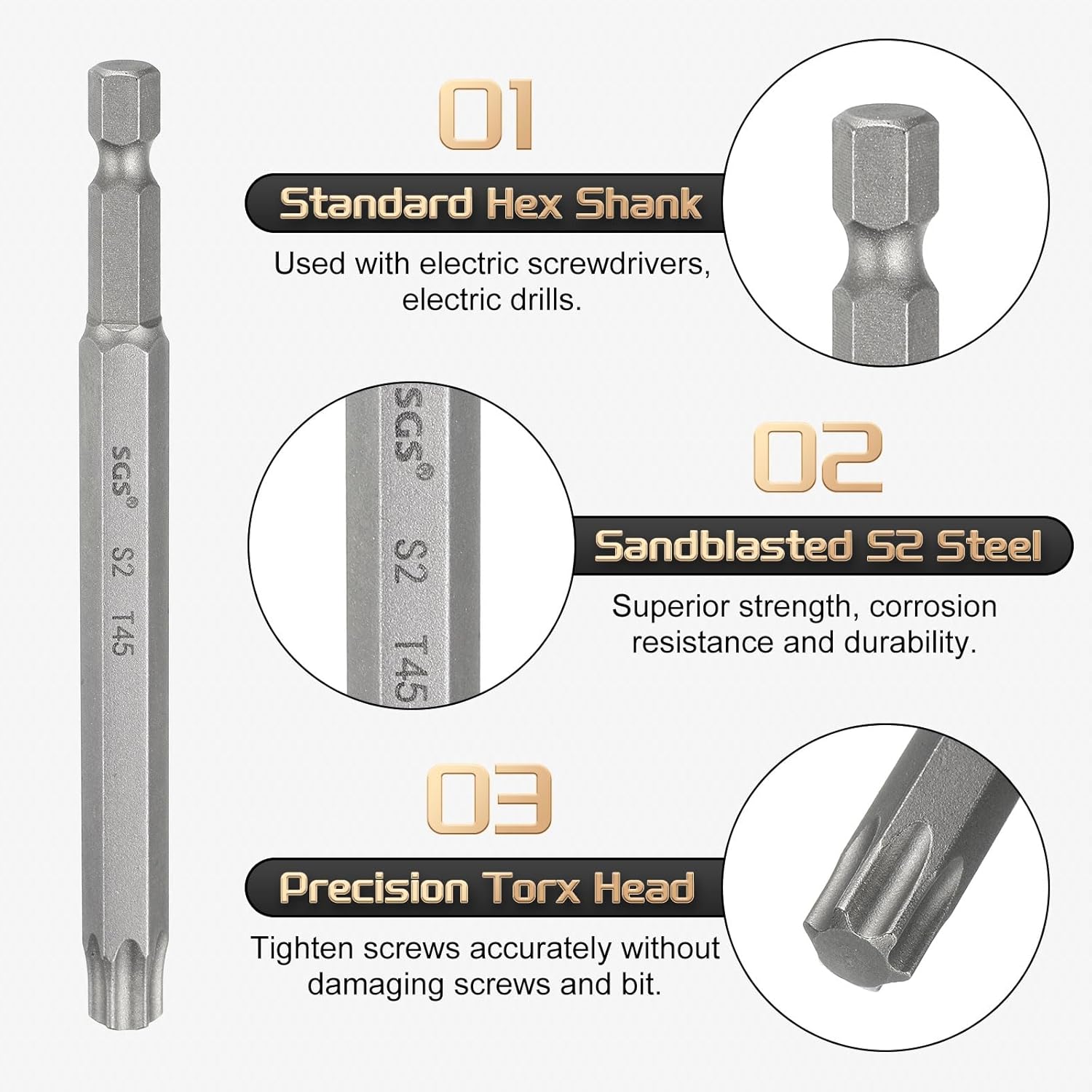 HARFINGTON 5pcs T45 Torx Head Screwdriver Bit 1/4" Hex Shank 4" (100mm) Long Magnetic No Hole Tip Tamper Proof 6 Point Star Screw Driver Drill Bits S2 Steel Industrial Power Screwdrivers