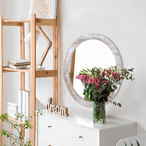 Miniatura 5 de JJUUYOU Espejo de pared circular de 16 pulgadas para baño, espejo circular blanco de granja para baño, espejo colgante con marco de madera para sala