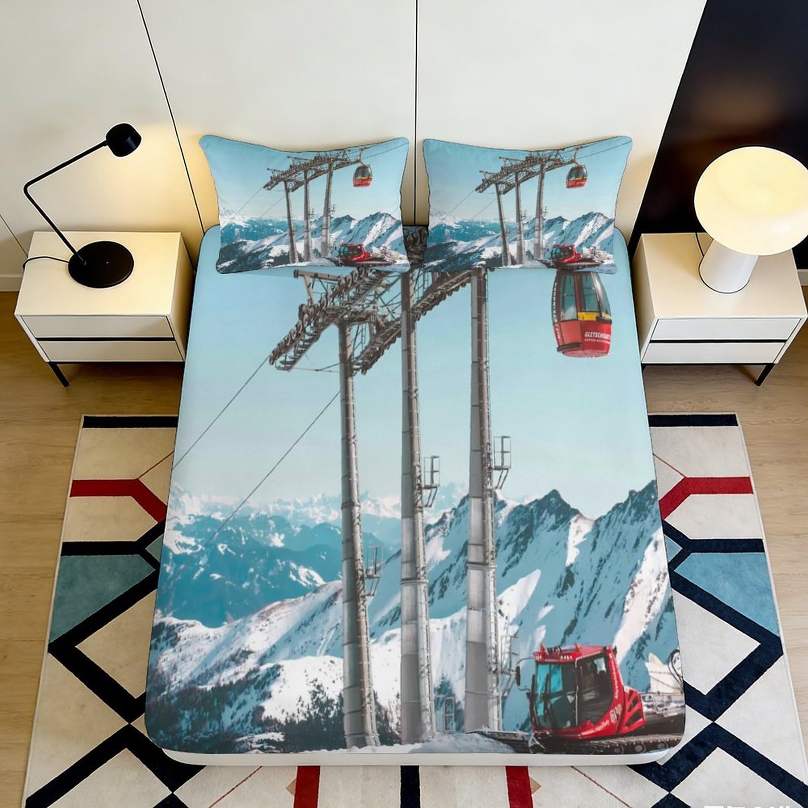 Qjzxknhpgr Style-1 3D Printed Mountain Cable Car Fitted Sheet Microfiber Soft Breathable Snow Peak Bed Cover For Bedroom Guest Room Decor 90X200x25cm