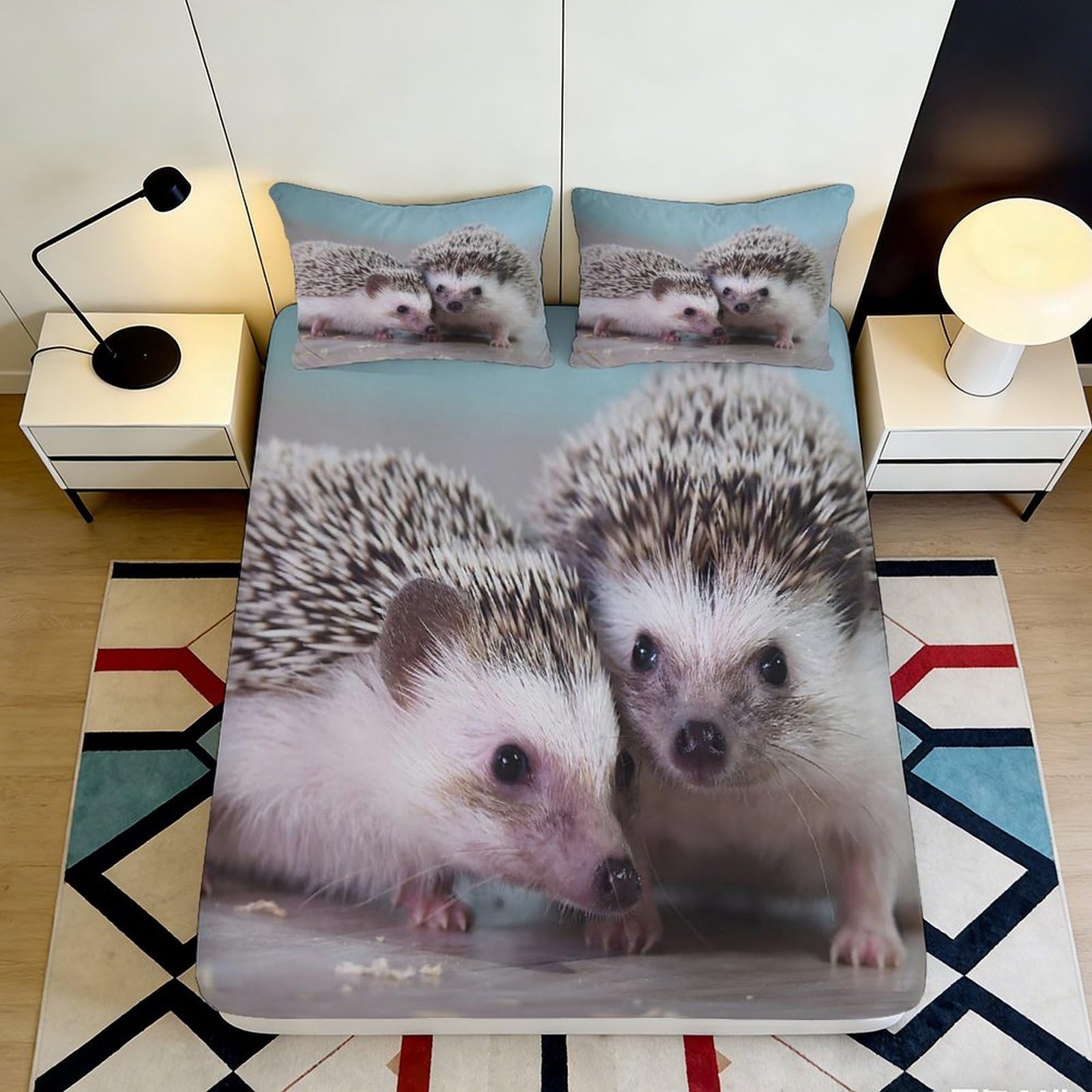 3D Printed Hedgehog Animal Fitted Sheet Microfiber Anti-Slip Cute Pet Mattress Cover for Bedroom Dorm Easy Care 180x200x25cm