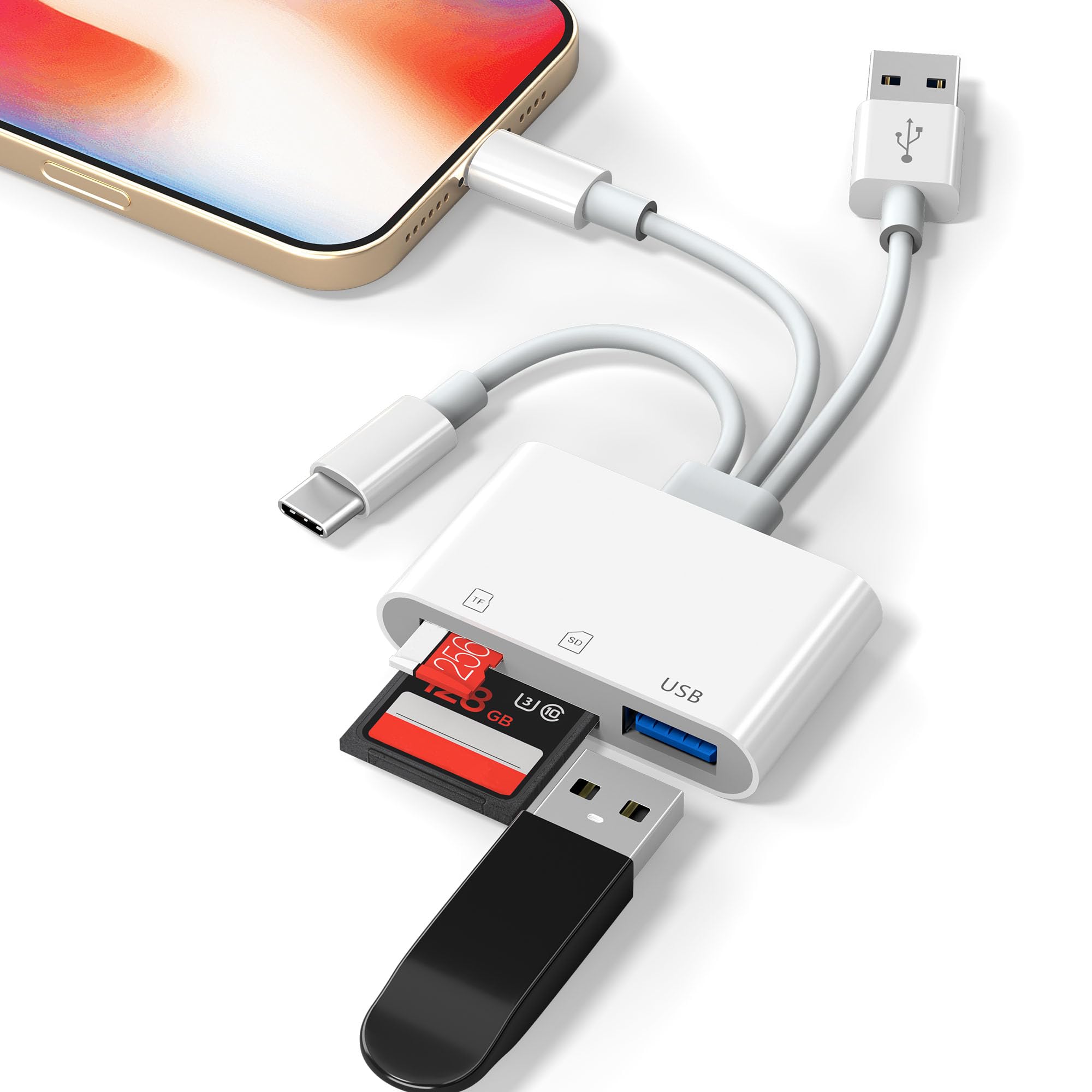 Lettore di schede SD 3 in 1 per iPhone, adattatore USB per fotocamera con Lightning/USB-C/USB-A, lettore di schede di memoria, adattatore per schede SD/Micro SD per iPhone, iPad, Android, Mac, PC