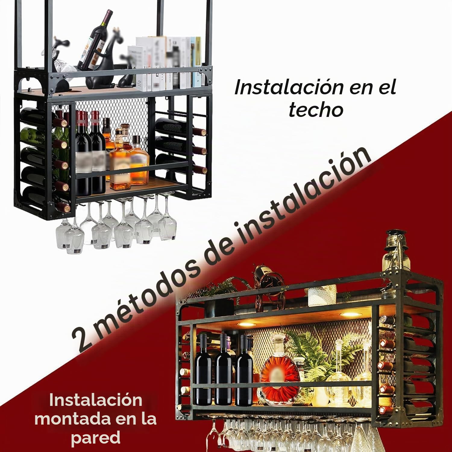Botellero Colgante de Metal con luz LED, Soporte para Copas de Vino de Techo, Soporte rústico Industrial para Botellas de Vino de 2 Niveles, Soporte para Copas y Copas (100cm)