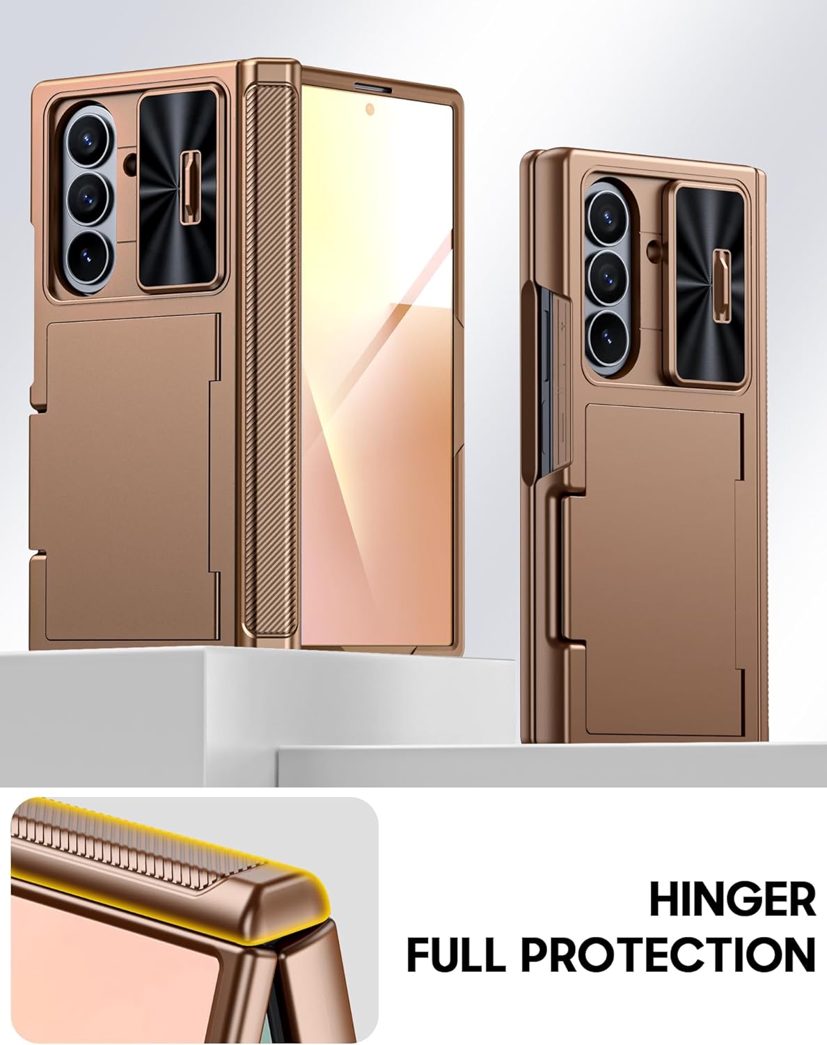 Vizvera for Samsung Galaxy Z Fold 7 Case RFID Wallet with Cards Holder [Hinge Cover] [Camera Cover] Shockproof Silicone Protective Phone Case for Z Fold 7 2025-Desert Gold