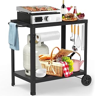 Yozoia 32x20IN Double-Shelf Grill Cart for Blackstone Griddle - Movable Outdoor Pizza Oven Table with Wheels & Hooks