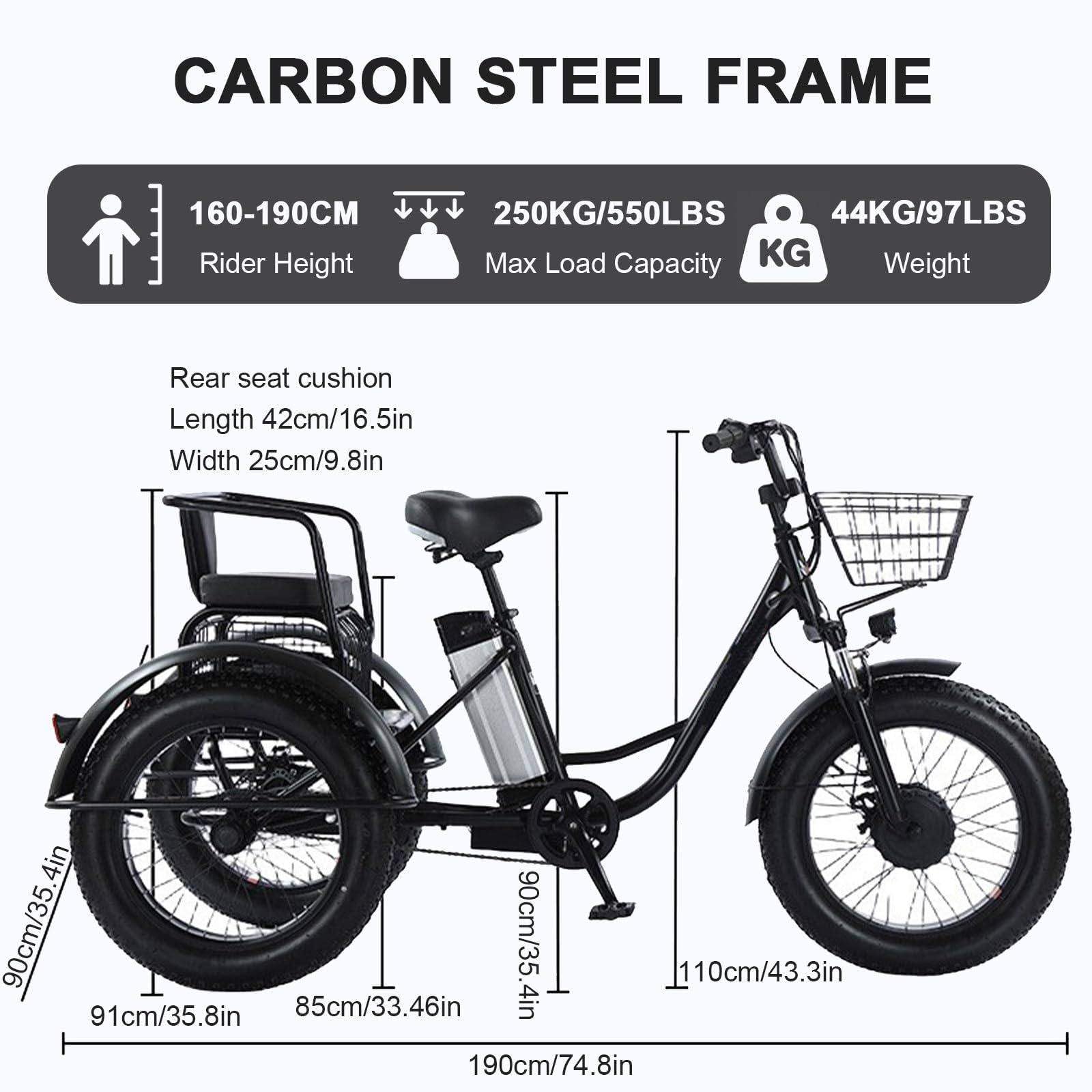 Triciclo Elettrico a 3 Ruote per Adulti – Portata 200 kg B | 20'' Fat Tyres Cargo Ebike, Shopping Basket, 48V/12Ah Removable Battery - Range 35km, for Shopping, Picnic