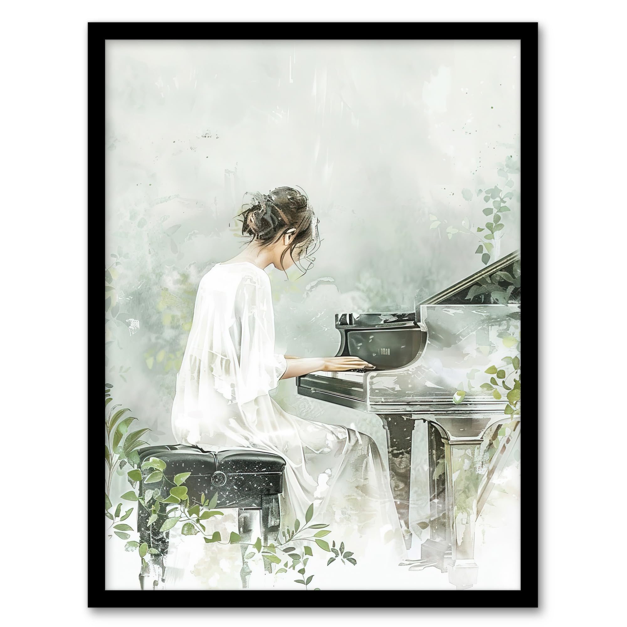 Artery8 Pianist Playing Piano Misty Forest Watercolour Living Room Artwork Framed Wall Art Print A4