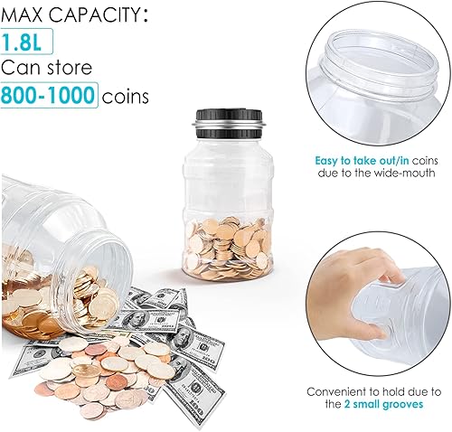 Vista 26 de Vcertcpl - Alcancía grande para niños y adultos, banco digital con contador de monedas LCD, capacidad de 1.8 L, tarro de dinero para adultos