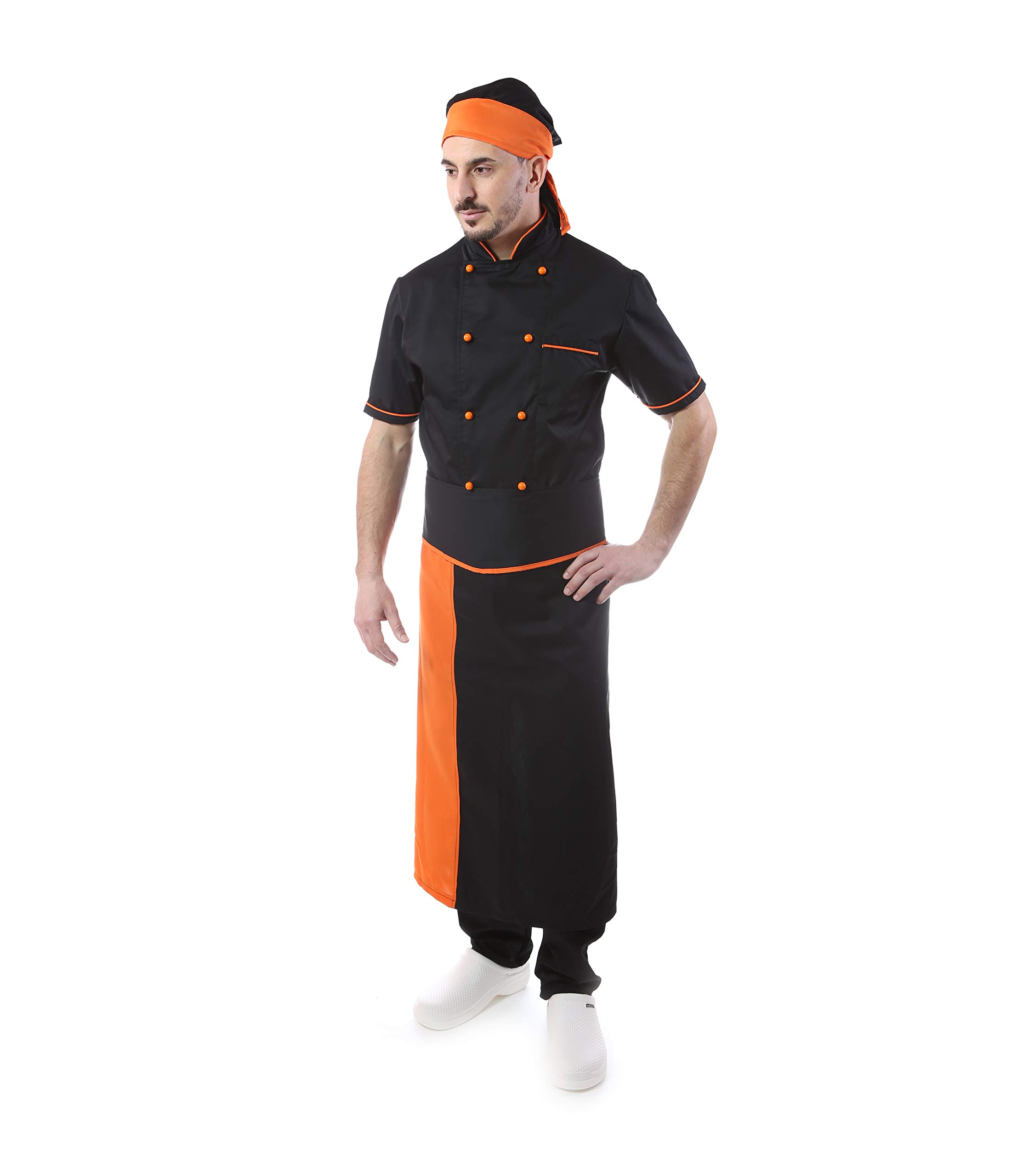 RICAMO GRATUITO - Completo Cuoco e Chef Nero - Profili Arancio - Uomo - 4 PZ - Giacca Manica Corta, Pantalone, Davantino e Bandana - Divisa per Cucina e Ristorante - Made in Italy