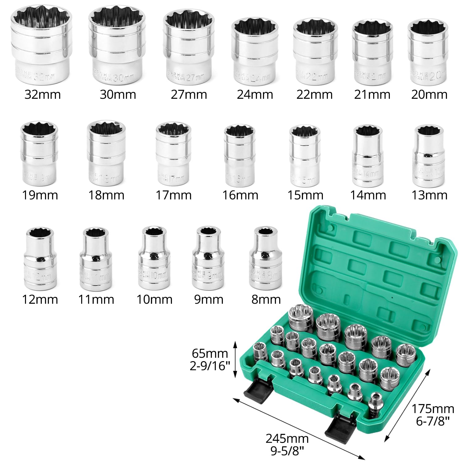 QWORK® 19 Piezas Llaves de Vaso, Llaves de Vaso Multidiente 1/2", 8-32 mm 12 Caras Juego Vasos