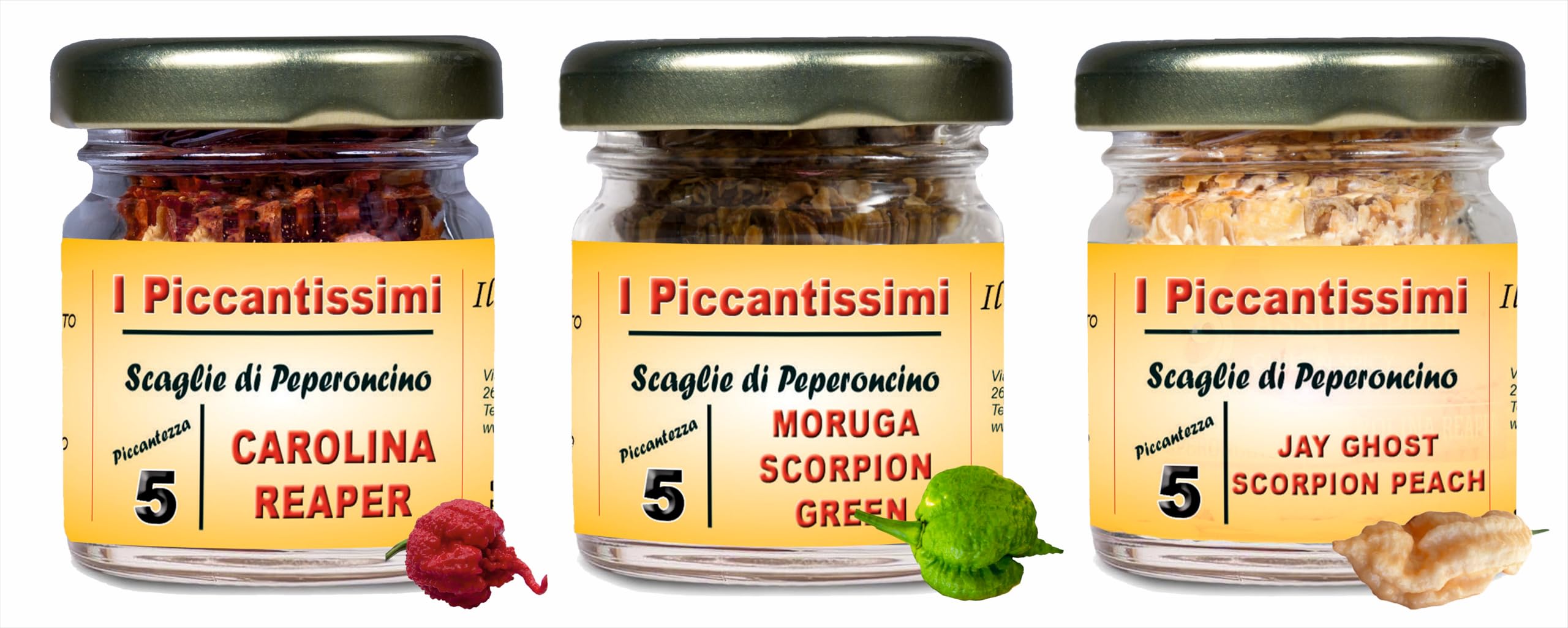 I Piccantissimi - Set 3 Vasetti a Scelta fra oltre 40 gusti di Peperoncino Piccante artigianale - Confezione Personalizzabile.