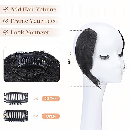 Miniatura 9 de Hairro Extensiones de flequillo lateral ondulado con clip, 100% cabello humano, 2 piezas con clip en la parte media, flequillo francés, lados