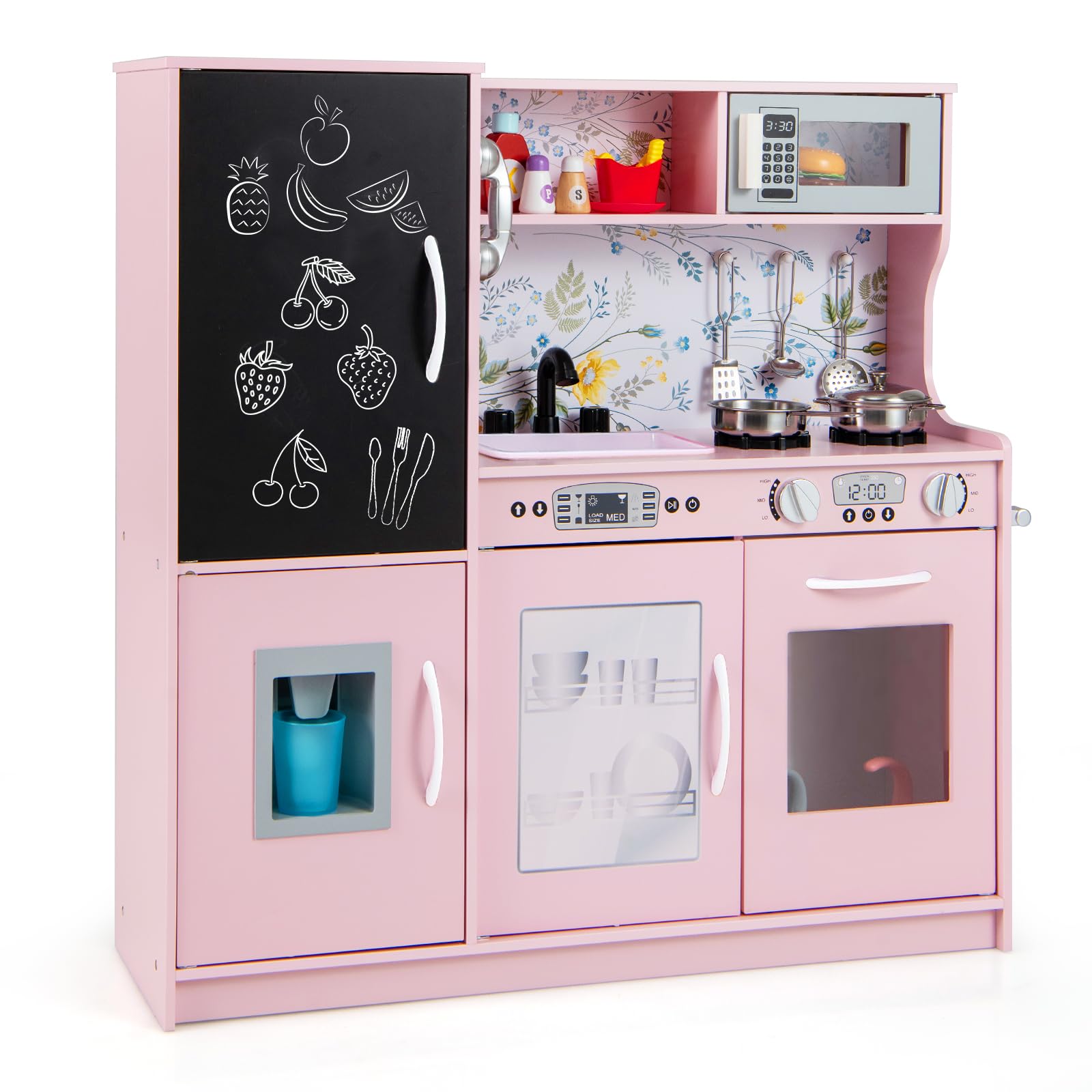 COSTWAY Kids Wooden Kitchen, Pretend Play Kitchen with Chalkboard, Sink, Microwave, Ice Maker, Utensils, Children Cooking Role Playset for 3-6 Years Old Boys Girls (Light Pink) — image 1