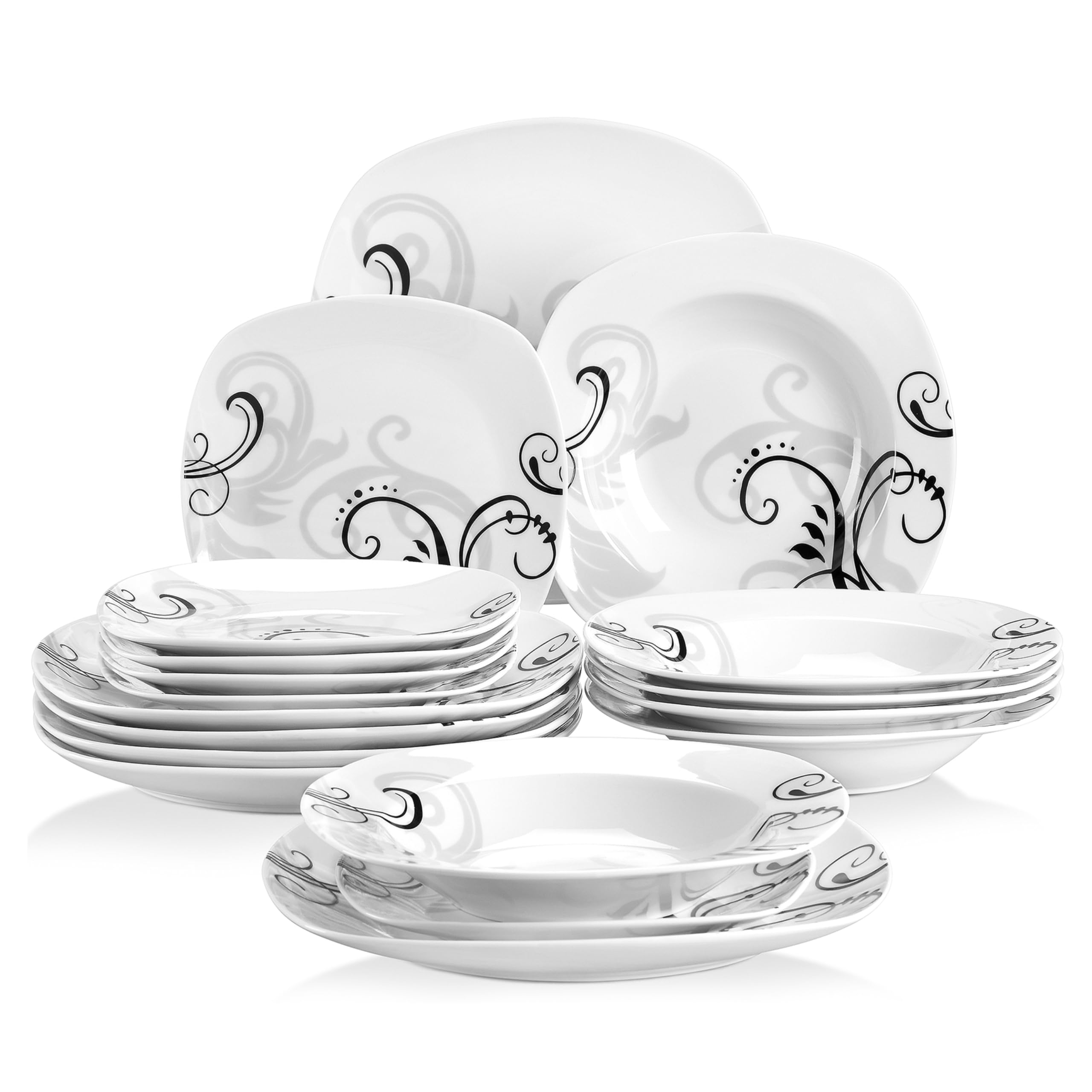 VEWEET 'Zoey' 18 Piece Dinner Set, Dinner Set for 6 People, Ivory White Tableware Set, Black Decals Dinnerware Sets, Porcelain Plates Set, Dinner Plates, Dessert Plates, Soup Plates
