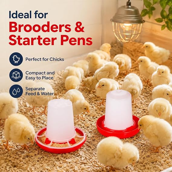Chick Feeder and Waterer Kit Plastic Poultry Feeder Chicken Drinker | Automatic Ducklings Pigeons Feeder Drinker Set for Farm and Brooder Use, Chick Feeder Red