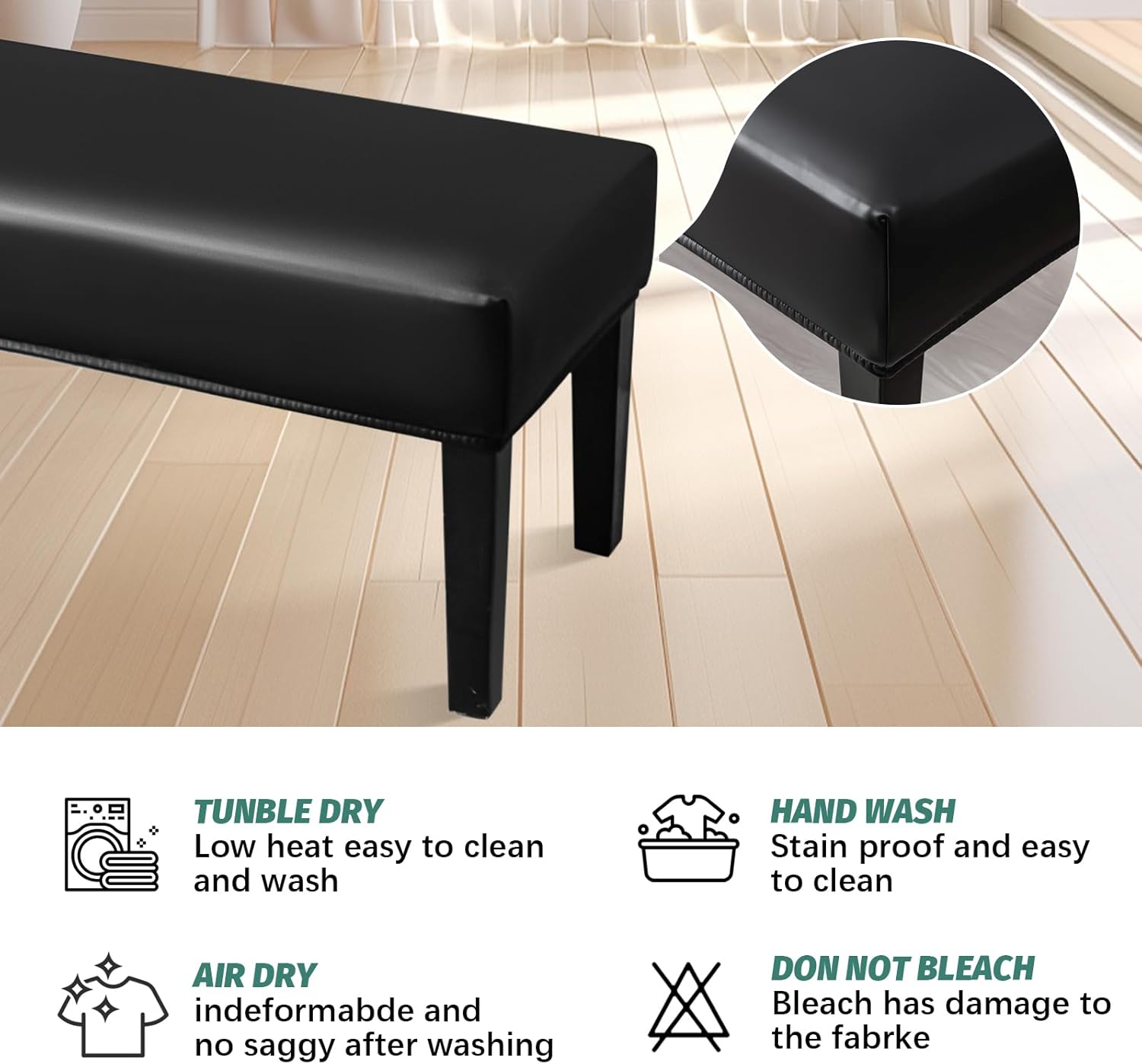 FUANGUI PU Waterproof Bench Cover, Stretch Dining Bench Cover for bedrooms, Living Rooms, Kitchens, Protector Chair Bench Piano Bench Seat Covers Stool Slipcover Removable, Washable - Black