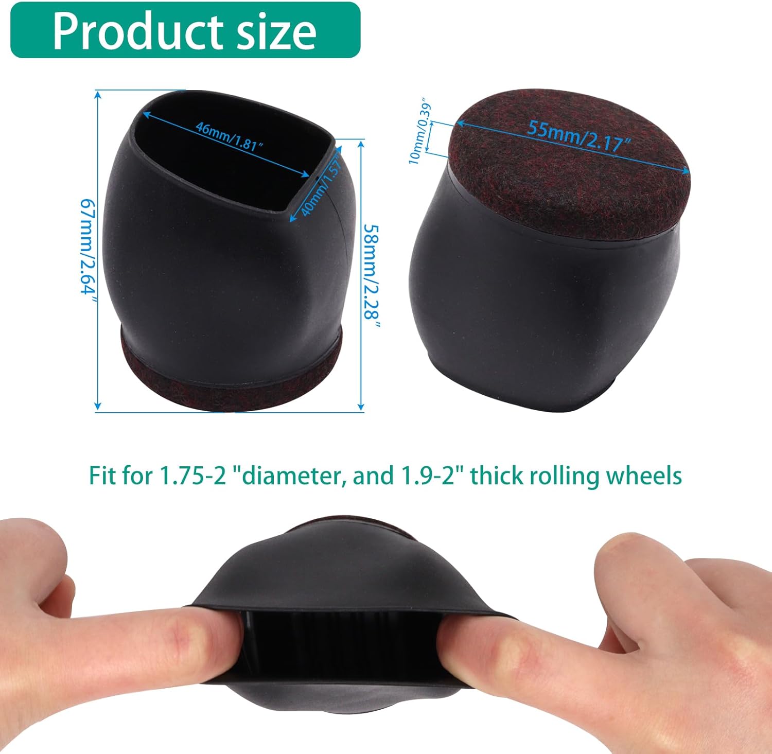 5pcs Office Furniture Caster Cups 2 Inch, Office Chair Wheel Stopper, Chair Leg Floor Protectors, Anti-Sliding Felt Furniture Pads for Hardwood Floors Protectors, Black