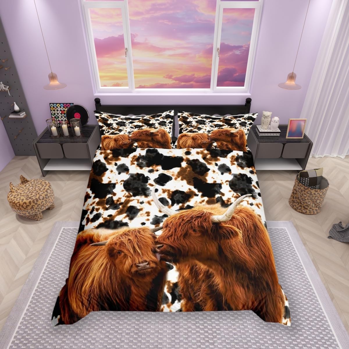 feelingyou Highland Cow Duvet Cover Set Single Size, Ink Milk Skin Fur Print Tribal Tie Dye Comforter with 1 Pillow Sham, Rustic Vintage Western Wild Animal Bedding Sets, Brown, (53''x79'')