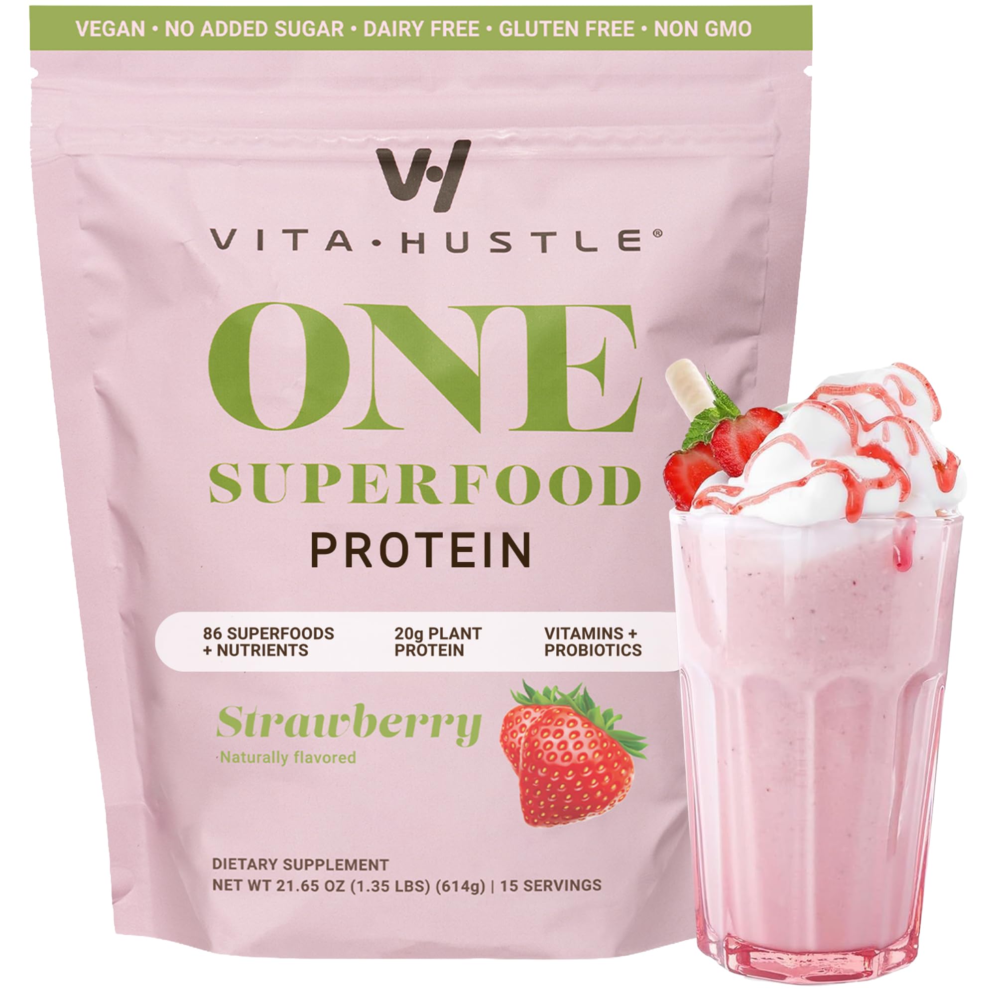 VitaHustle All-in-One Nutrition Shake, Strawberry - Plant Based Protein Powder by Kevin Hart – Vegan Meal Replacement Shake with KSM66 Ashwagandha & 86+ Superfoods - Organic Meal Replacement Powder