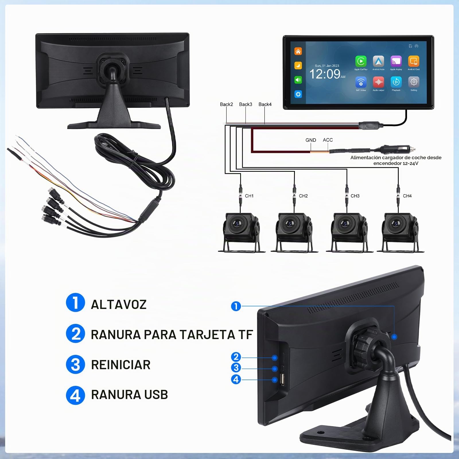 Hodozzy 4K Kit Cámara de Marcha Atrás con 4 AHD Camaras Trasera, Inalámbrico CarPlay Android Auto,10,36 Pulgadas Pantalla Táctil Monitor Bluetooth FM Grabación en Bucle, USB TF CarPlay Pantalla Coche