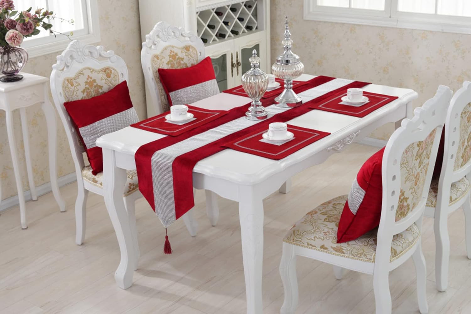HeMiaor 13 by 98 inch Elegant Tassels Table Runner Covered Sparkly Rhinestone Strip Luxurious Decoration for Dinner Table, Dressing Table,Red