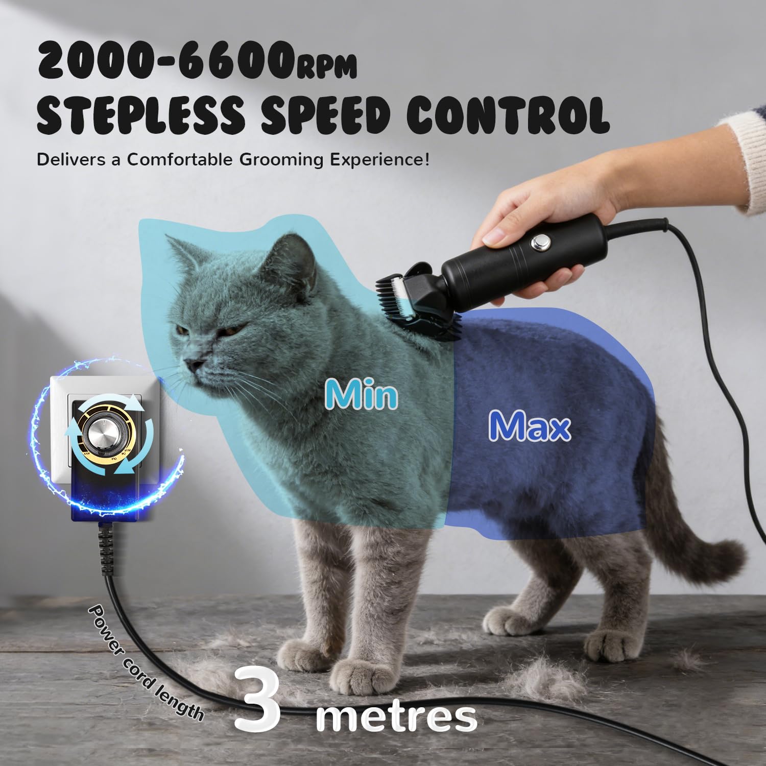 CGOLDENWALL 300W Profesional Cortapelos para Perros, Velocidad Sin Etapas 2000-6000RPM, <50dB Ruido Bajo, Cable 3m, 2 Hojas Removibles, 2 Peines (3/6mm,9/12mm) para Perros, Gatos & Todo Pelaje (Negro)