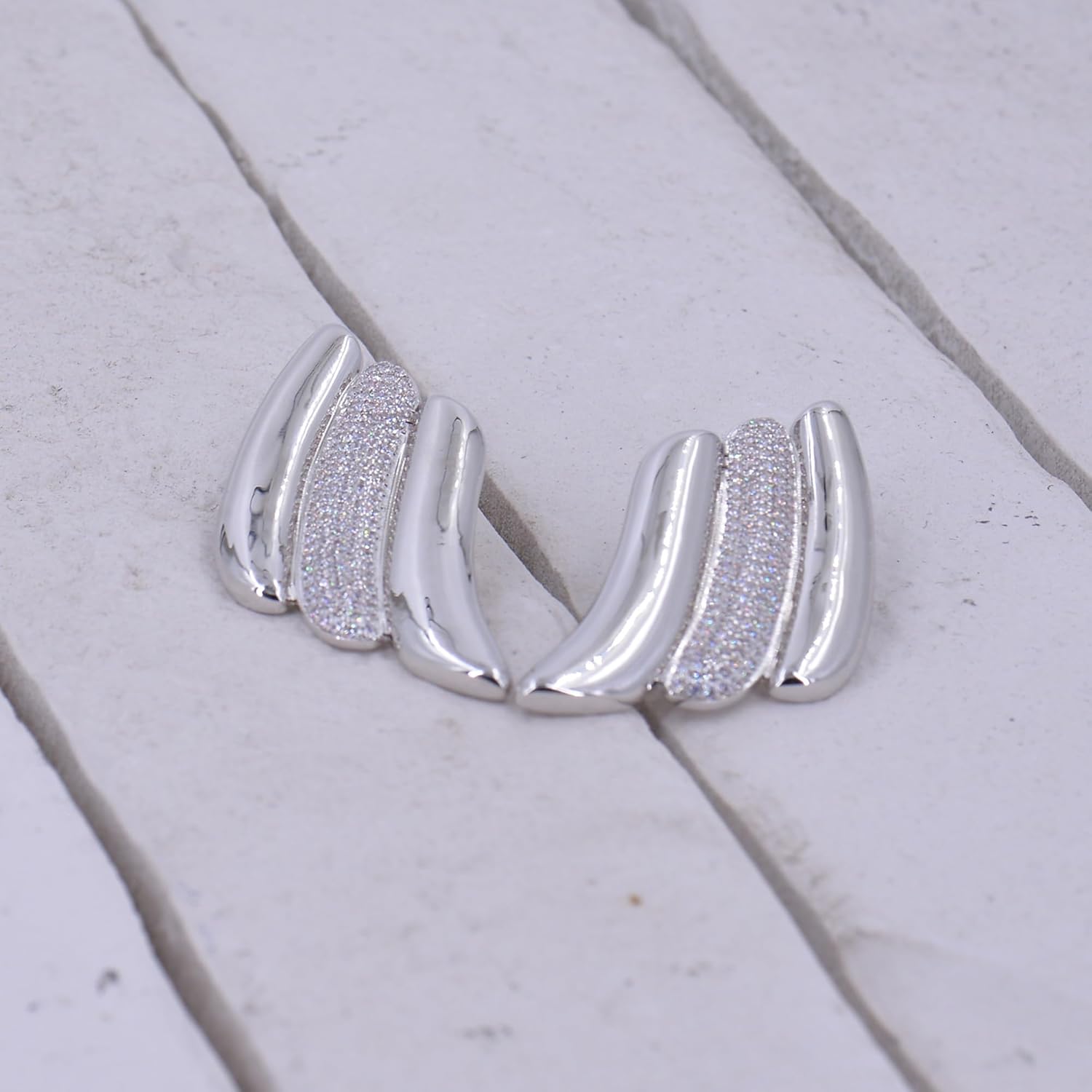 Swirl Bold Stud Earrings | 18K Gold Plated Triple Wave On The Ear Stud Earring | Large Wing Statement Earrings