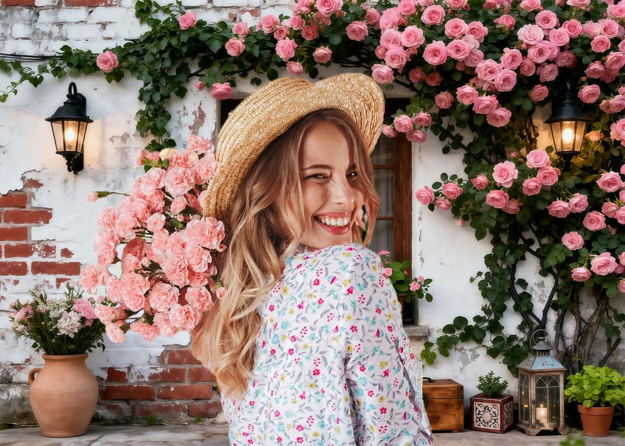 10x10ft Spring Backdrops for Photography White Red Brick Wall Rustic Wooden Window Greenery Flower Spring Easter Backdrop Photo Props for Photoshoot Floral Easter Birthday Party Decorations