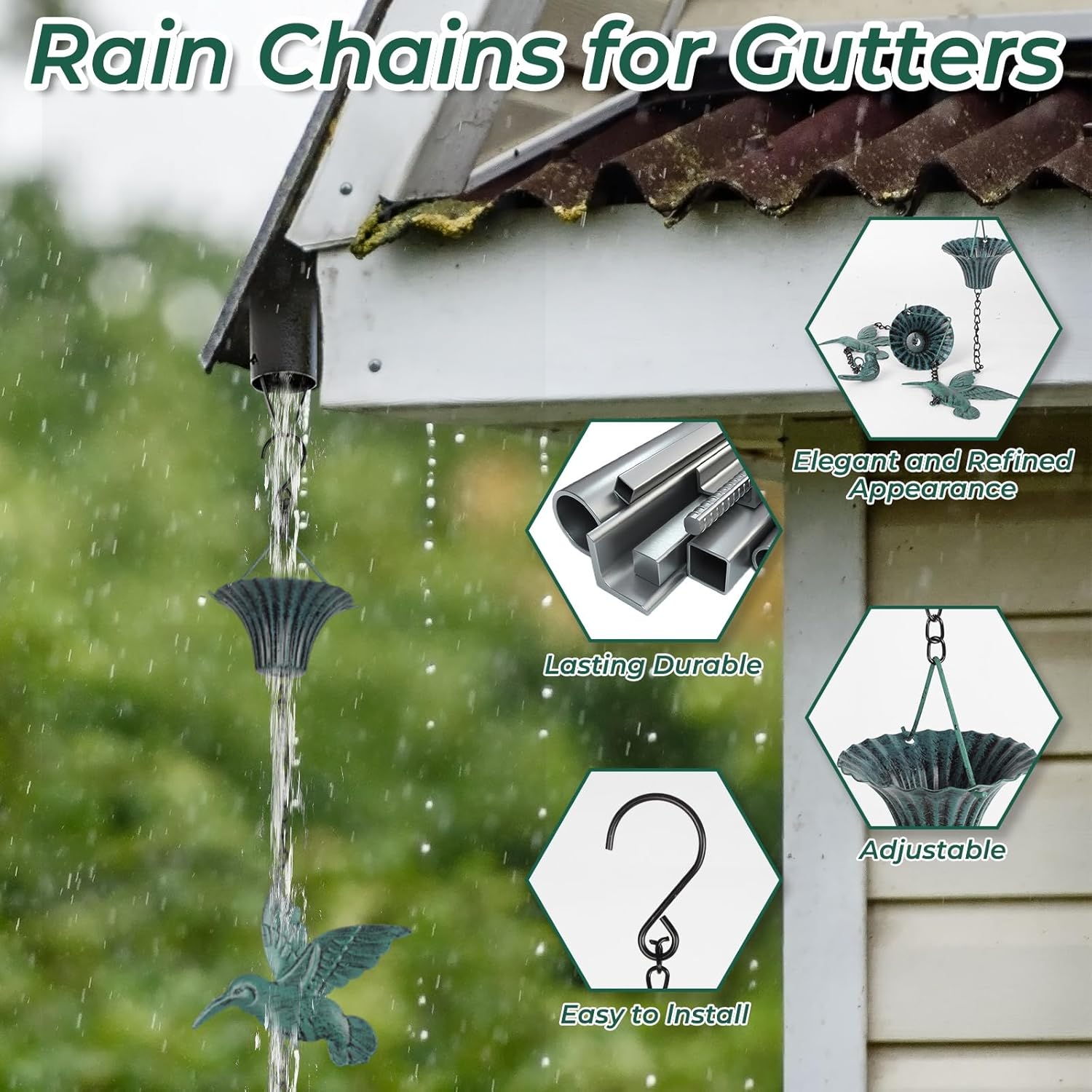 8.5FT Blue Hummingbird Rain Chain for Gutters, Decorative Downspout Alternative for Outdoor Garden & Patio, Designed for Heavy Rain Water Flow