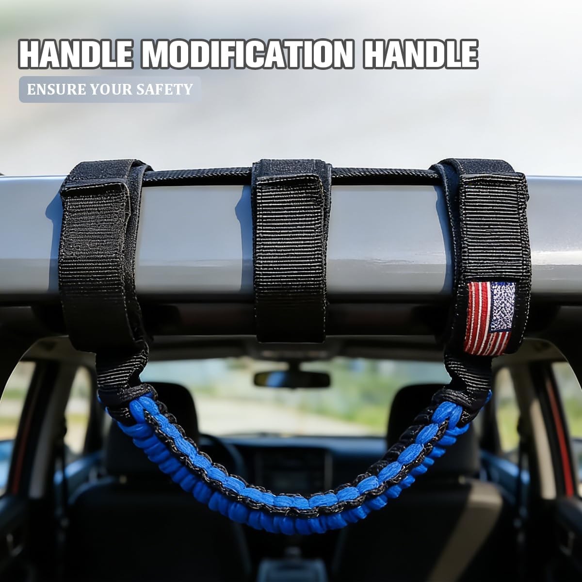 4PCS Roll Bar Grab Handle Compatible with Wrangler JL JKU TJ Blue | Three point strap design, braided rope grip, wrap around cage mounting, occupant support, automotive accessories