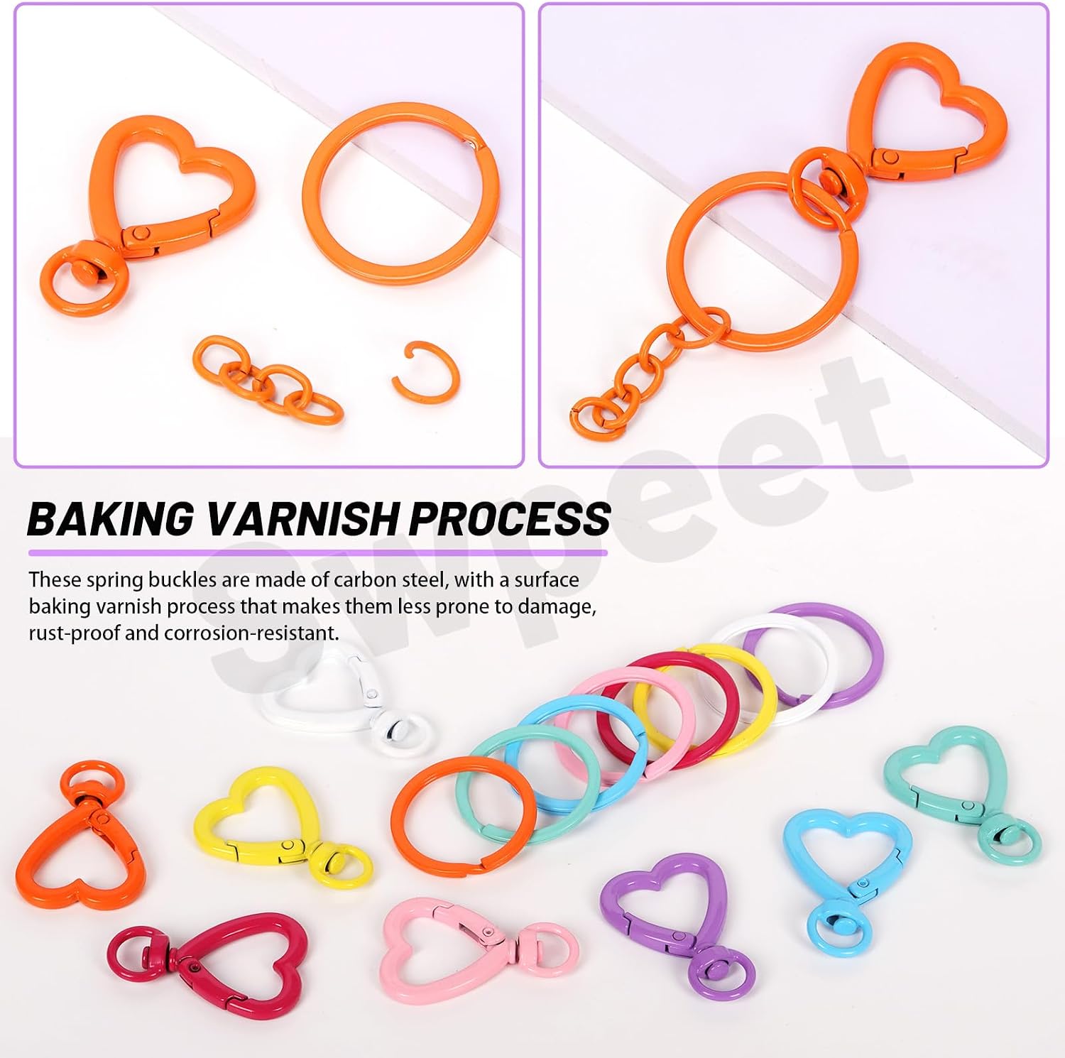 Swpeet Key Ring Carabiner 68Pcs 8Colors Heart-Shaped Swivel Lobster Claw Clasps with Key Rings, Open Jump Rings and Key Chains Assortment Kit, Metal Swivel Spring Clasps for DIY Craft Making