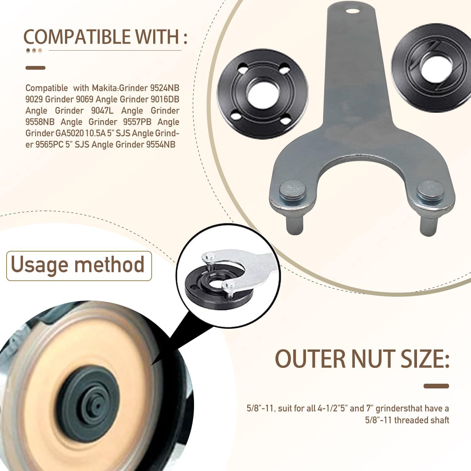 4.5" 5" 5/8-11 Angle Grinder Wrench Spanner Metal Lock Nut for DW Milwaukee Makita 193465-4 Compatible with Bosch Black & Decker Ryobi 4.5" 5" 5/8-11 Replacement Part （5PCS）