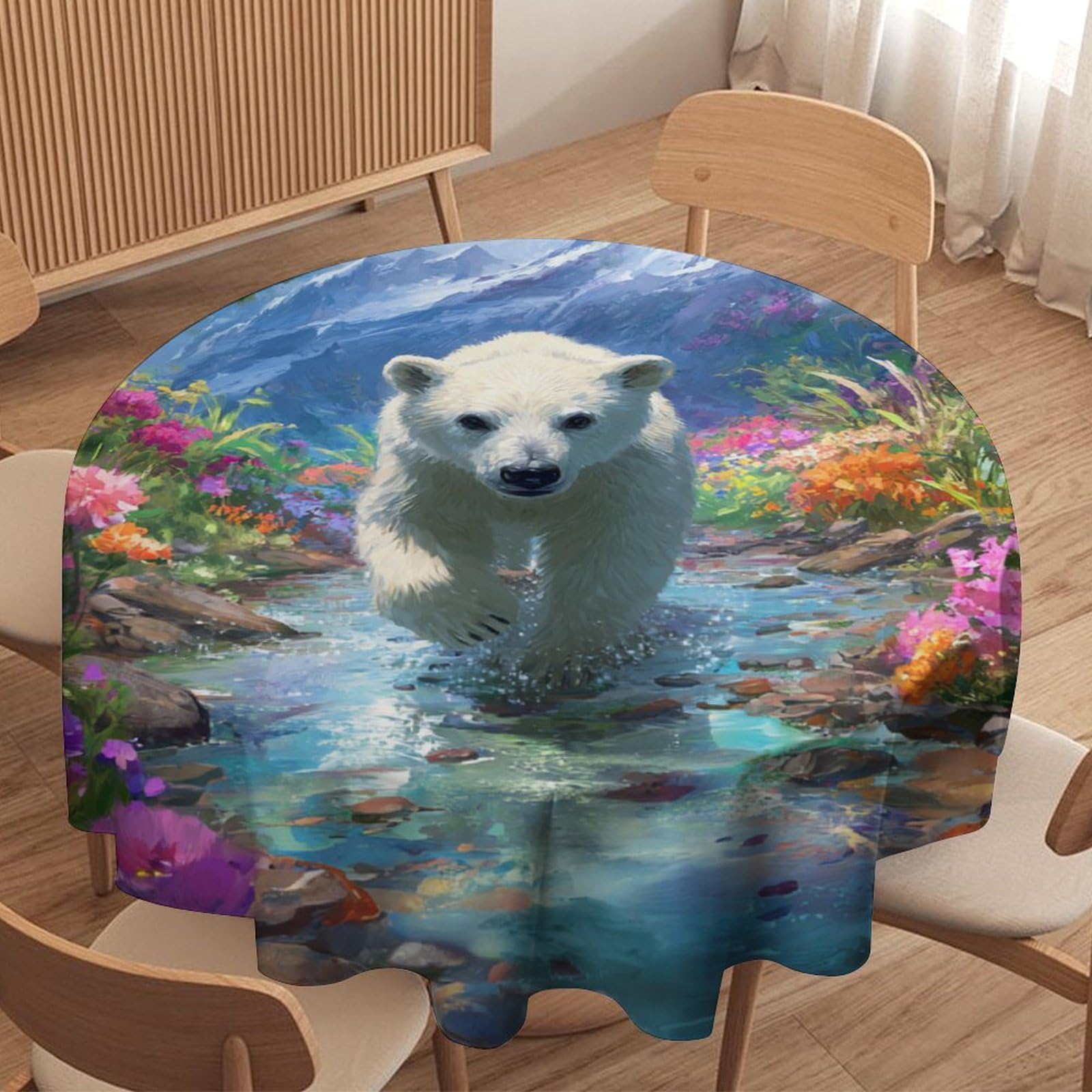 LUYYSKY Realistic Funny Polar Bears Round Tablecloth Colorful Watercolor Natural Mountain Floral Animal Bears Print Washable Decor for Table Cover for Kitchen-127 Wx127 L cm