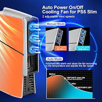 PS5 Slim için LED fan, yükseltilmiş otomatik ON/OFF PS5 ince soğutucu araç sıcaklık sensörü soğutma fanı PS5 Slim dijital ve disk sürümleri için 2 ayarlanabilir hız ve USB bağlantısı