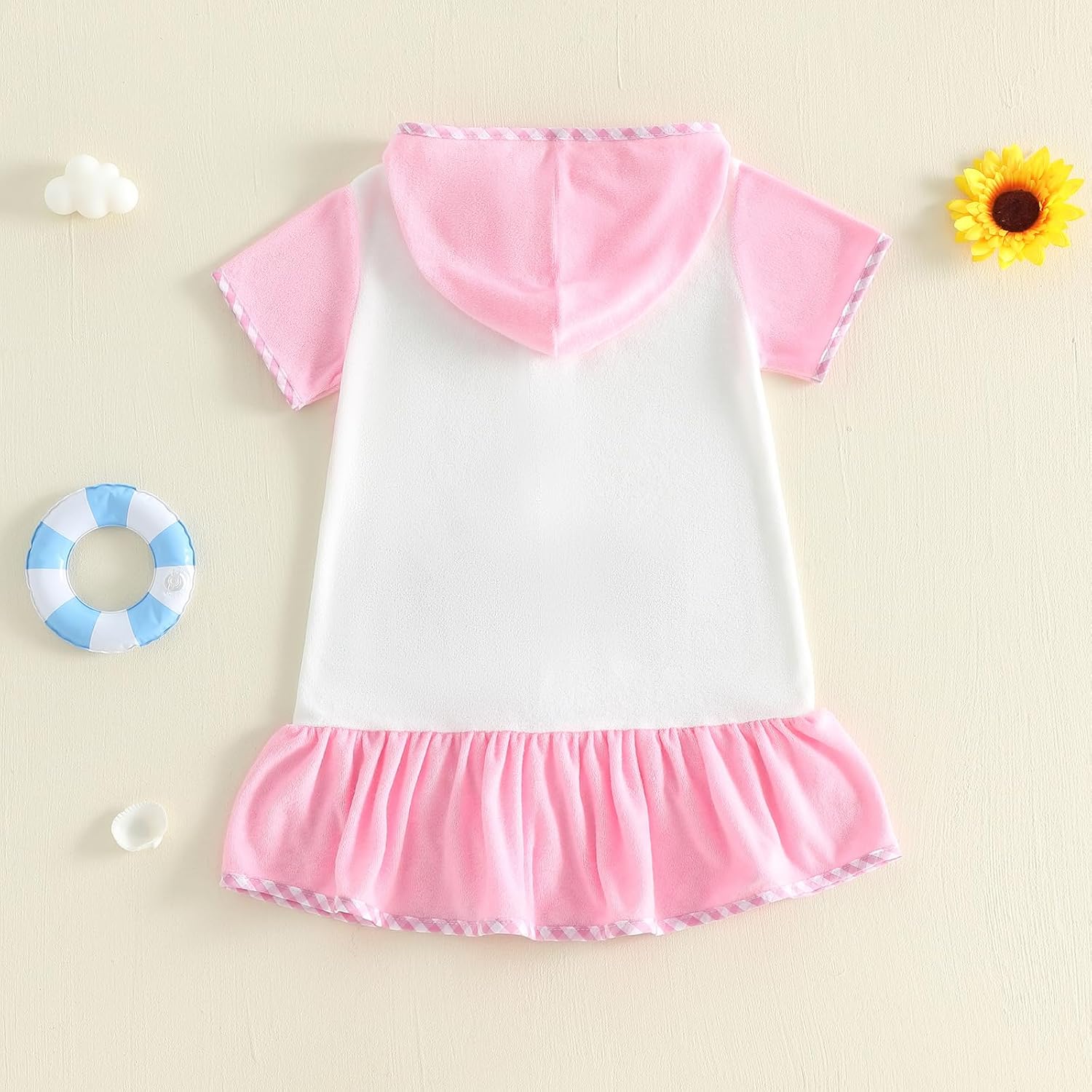Toddler Girls Beach Cover Up Hooded Towel Robe Short Sleeve Zipper Bow Embroidery Terry Cloth Swim Coverup