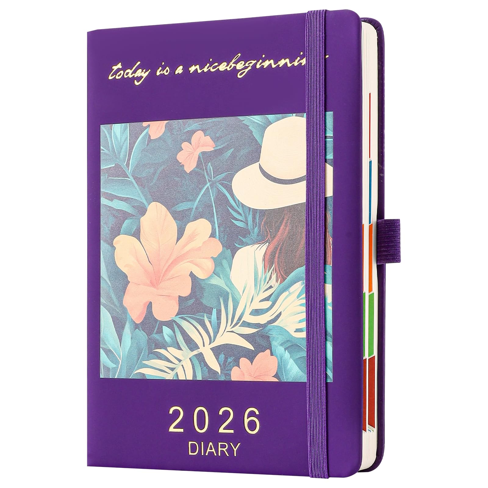 Diary 2026 Day to Page A5,Organsier Daily Planner from Jan 2026-Dec 2026,Schedule Diary Monthly View with Pen Holder,Coloured Side Tabs,Inner Packet (Purple, A5)