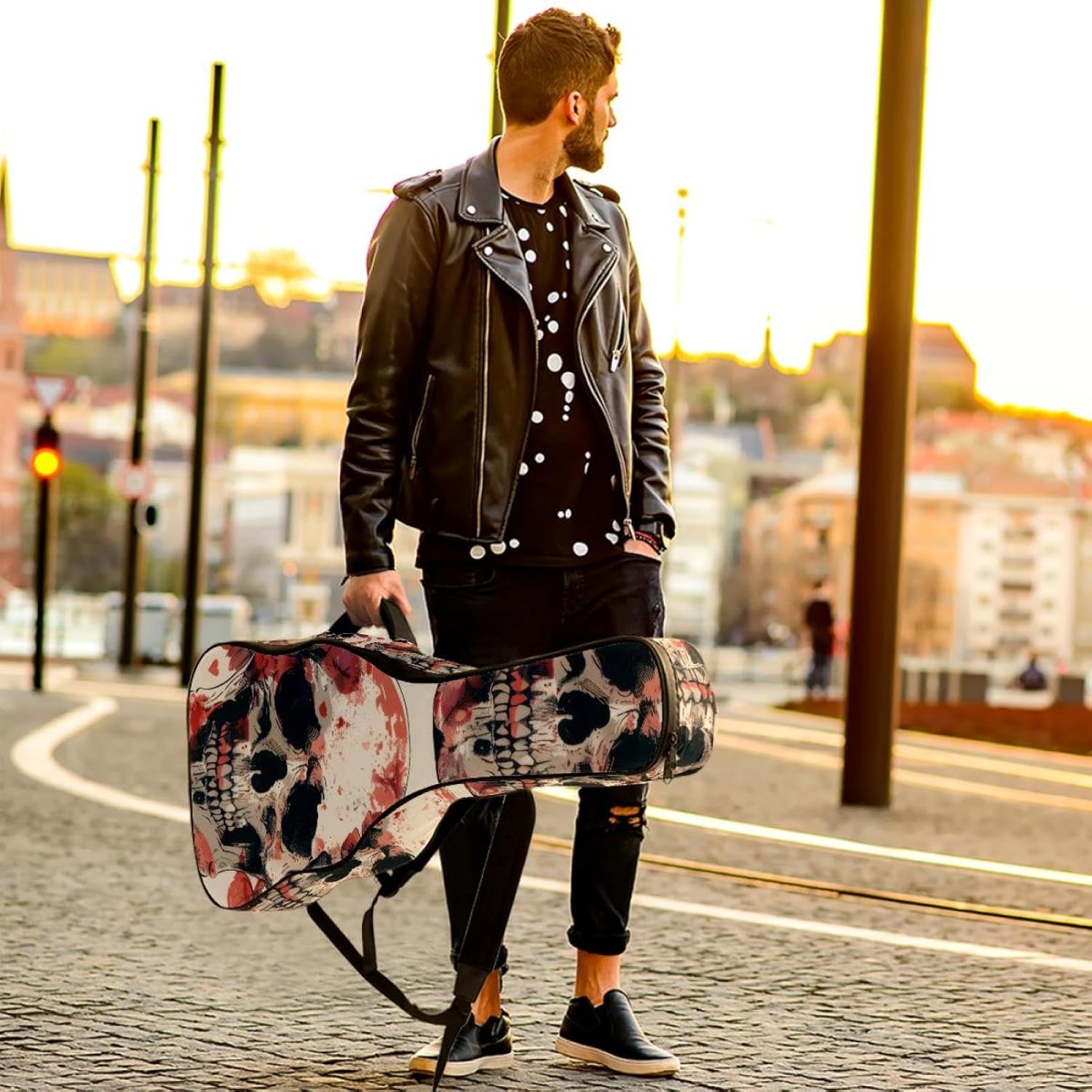 40 41 42 Inch Guitar Bags, Waterproof Padded Acoustic Guitar Case Backpack with Adjustable Shoulder Strap & Pockets, Skulls Art Pattern