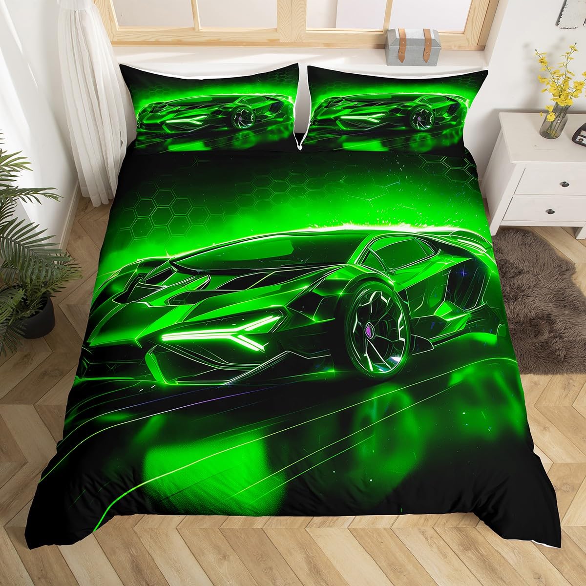 richhome Kids Boys Race Car Bedding Set Super King Size Green Sports Car Duvet Cover For Kids Teens Boys Girls Extreme Sports Theme Comforter Cover Speed Luxury Car Bedspread Cover โ image 1