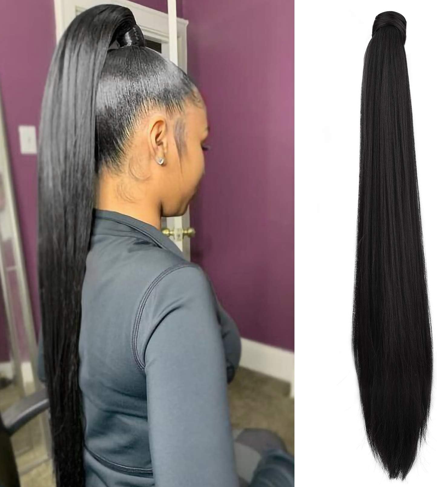 SEIKEA 32 Inch Clip in Ponytail Extension Wrap Around Long Straight Pony Tail Hair Synthetic Hairpiece for Women - Black
