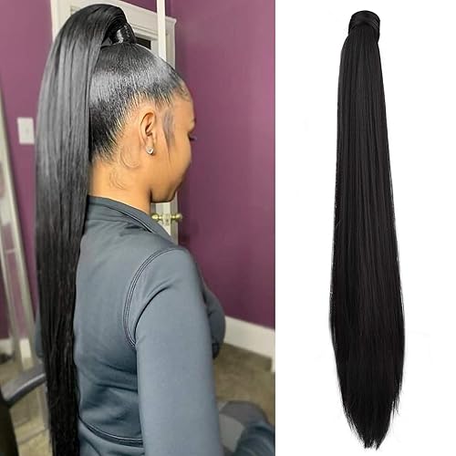 Miniatura 19 de SEIKEA Extensión de cola de caballo con clip alrededor de la cola de caballo larga y recta, extensión de pelo sintético para mujer, 26 pulgadas