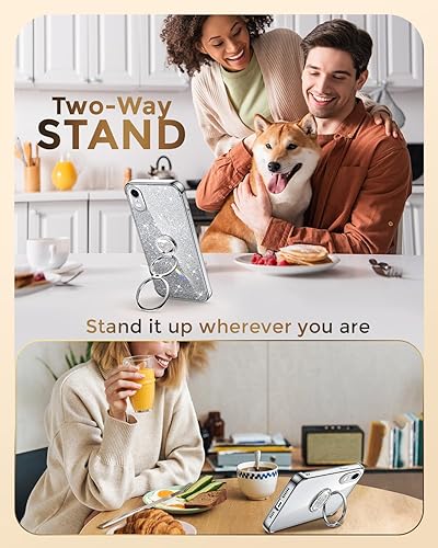 Miniatura 5 de XYZ Funda para iPhone XR con soporte, funda para teléfono con soporte de doble anillo, para mujeres y niñas, funda transparente con purpurina de