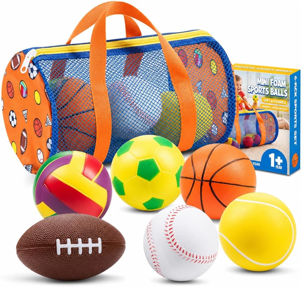 Sports Balls for Toddlers 1-3, 6 Piece Soft Sports Balls with Soccer, Basketball, Football, Baseball, Tennis & Volleyball - Toddler Boys & Girls Ball Toy Gift