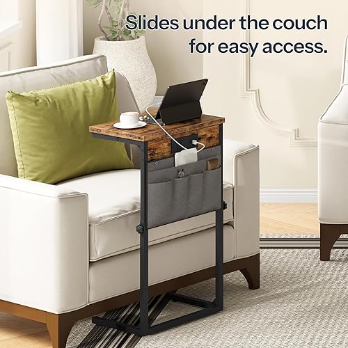 Miniatura 6 de HOOBRO Mesa auxiliar en forma de C con estación de carga, mesa auxiliar de sofá de altura ajustable de 30 pulgadas con bolsillo de almacenamiento,