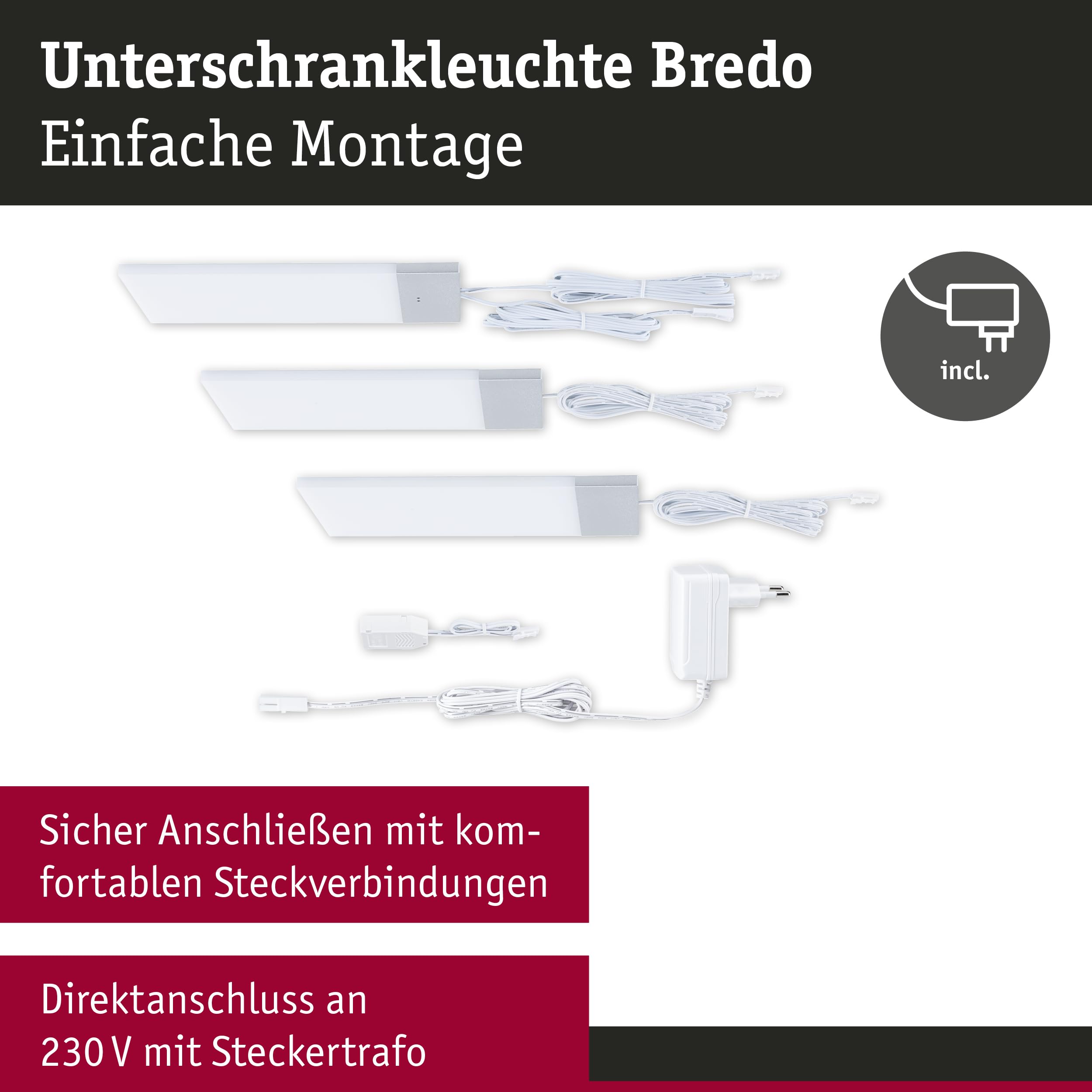 Paulmann 92122 LED Unterschrankleuchte Bredo inkl. Näherungsensor 3er-Set 4000K 2,5W 80x190mm 180lm Silber Möbelaufbauleuchte