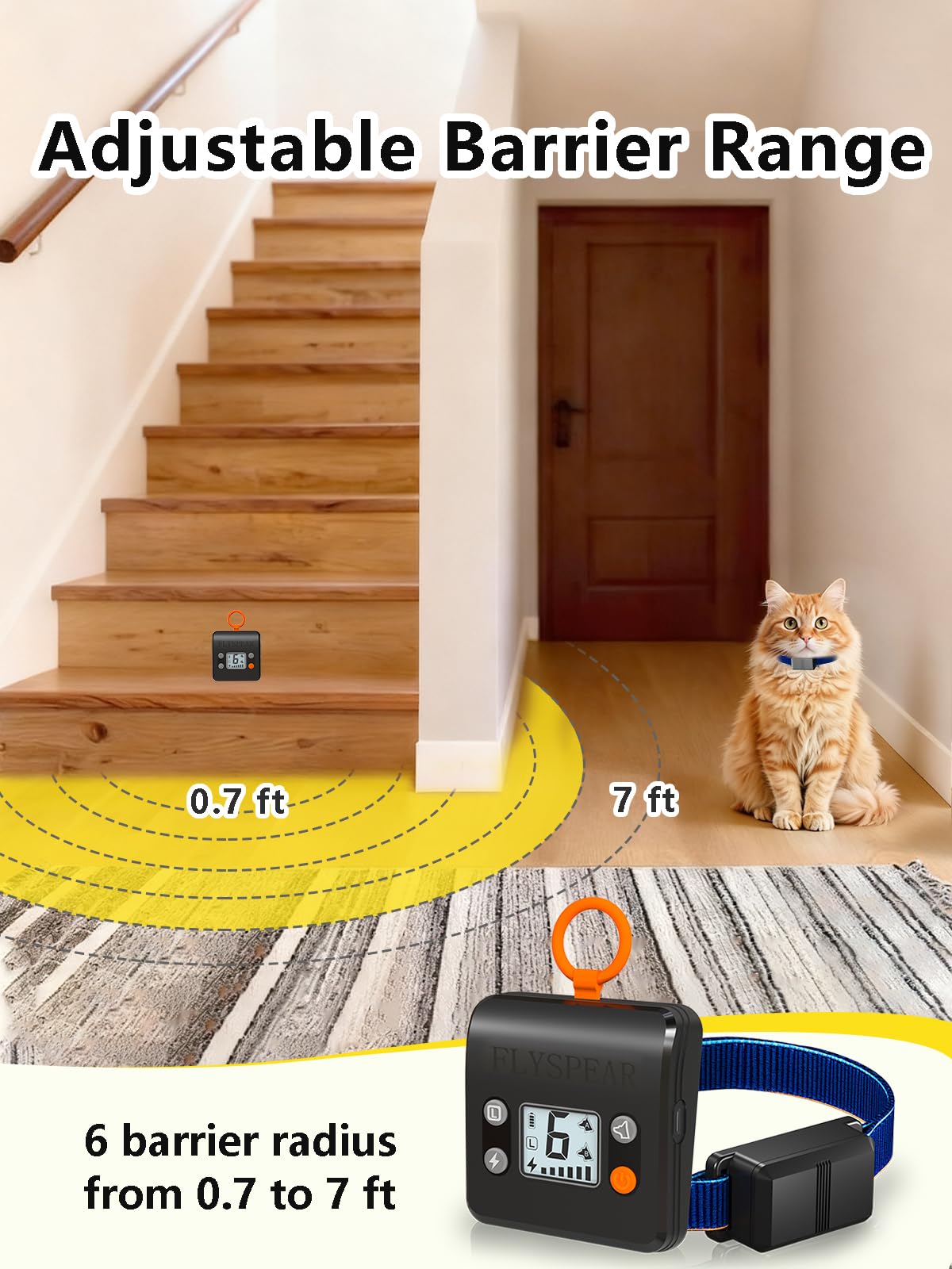 FLYSPEAR Barrera inalámbrica para gatos, barrera recargable para interiores con 6 radios de rango ajustables de hasta 7 pies, 6 intensidades estáticas seguras ajustables, sistema de valla eléctrica