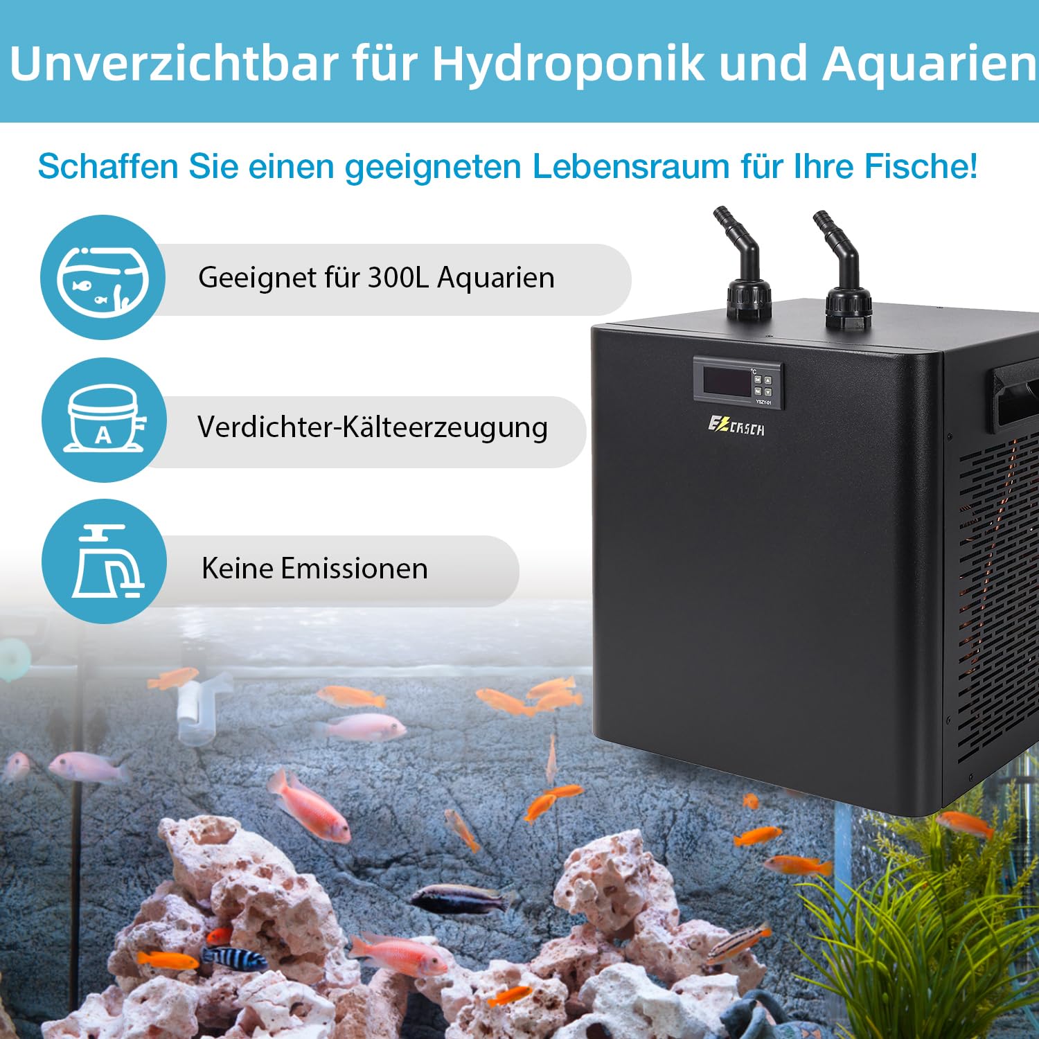 300L Wasserkühler Aquarium 245W Aquarium Kühler,Kühlsysteme für Fischbecken Aquaponic Garnelen Axolotl inkl. Schlauch und Haltering