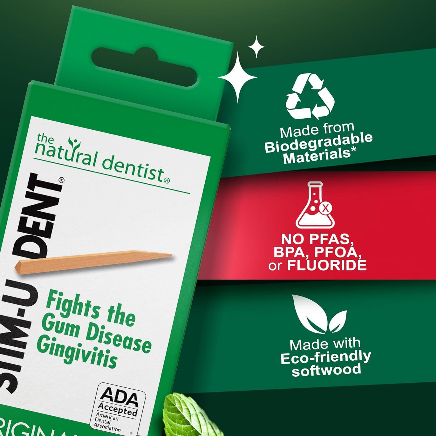 The Natural Dentist Stim-U-Dent Mint Dental Picks, Wooden Toothpicks for Food & Plaque Removal, Travel-Friendly, 16 Packs of 25 (400 Picks)